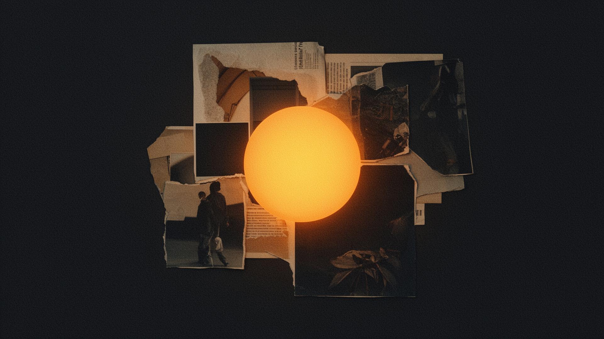 Editorial moodboard collage with glowing amber sphere